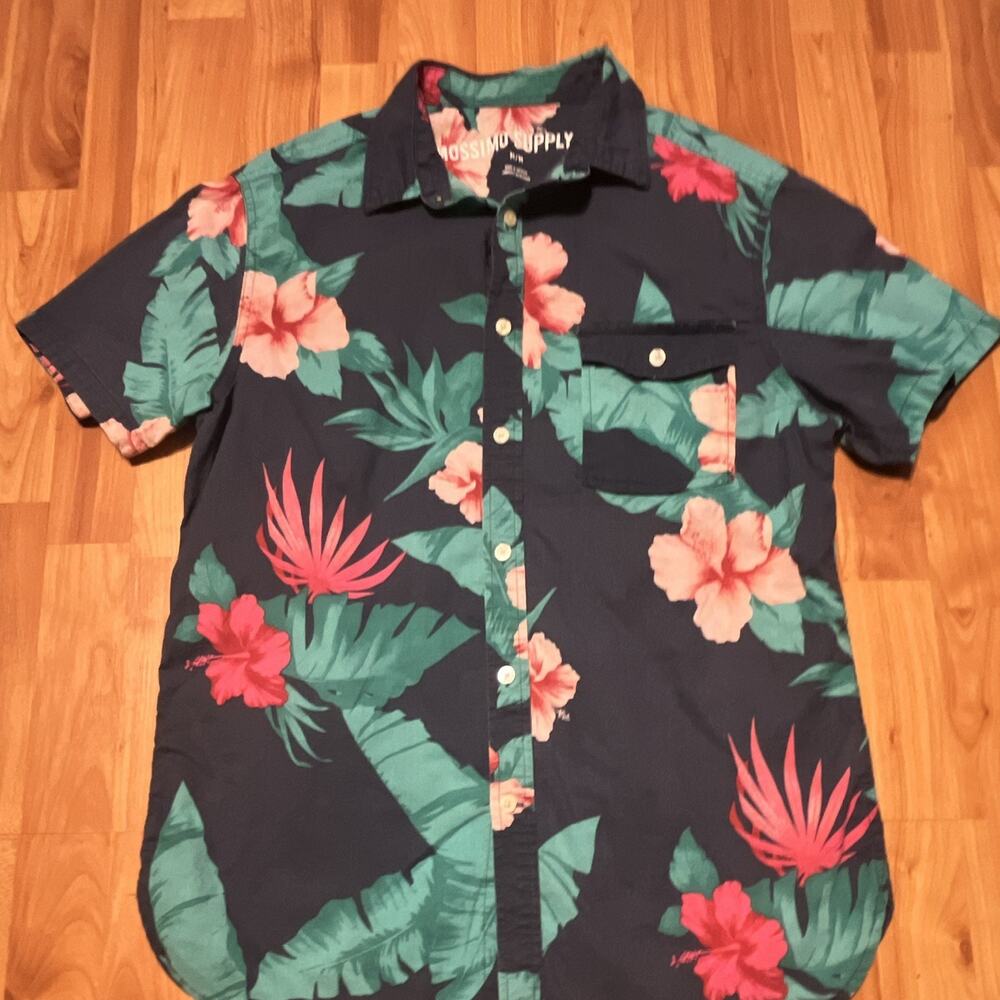 Mossimo Supply Co. Men's M Navy Floral Tropical Woven Pocket Button-Up Shirt SS